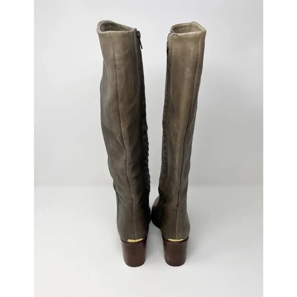 Kate Spade Size 6 Gray Leather Block Heeled Tall Boots Almond Toe Side Zipper